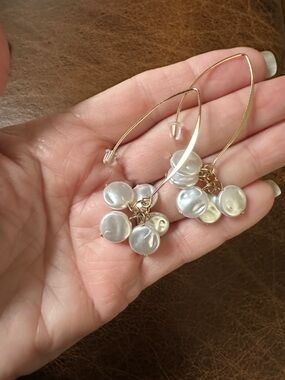 Gold Hoop pierced Earrings with Iridescent Pearl Discs